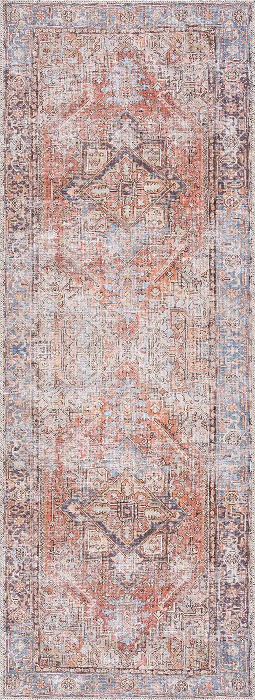 Close-up of the Eira Distressed Washable Rug, showcasing its Persian-inspired pattern in charcoal, light blue, orange, and red tones. Design-Runner-2773