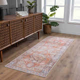 Entryway scene with a vintage Eira Distressed Washable Rug runner in orange, blue, and off white colors. Roomscene-Runner