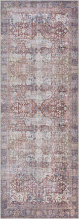 Close-up of a Rust Elki Vintage Medallion Washable Area Rug. Features a traditional Persian-style design in rust, blue, and off-white tones. Design-Runner-2773