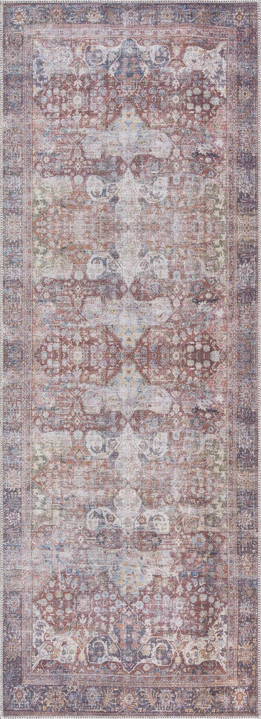 Close-up of a Rust Elki Vintage Medallion Washable Area Rug. Features a traditional Persian-style design in rust, blue, and off-white tones. Design-Runner-2773
