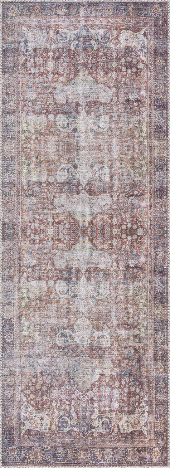 Close-up of a Rust Elki Vintage Medallion Washable Area Rug. Features a traditional Persian-style design in rust, blue, and off-white tones. Design-Runner-2773