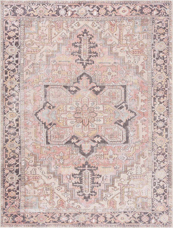 Detailed, close-up view of the Nadia Dust Pink Area Rug featuring a traditional, geometric pattern in light gray, natural gray, and pink. Design-Rectangle-537