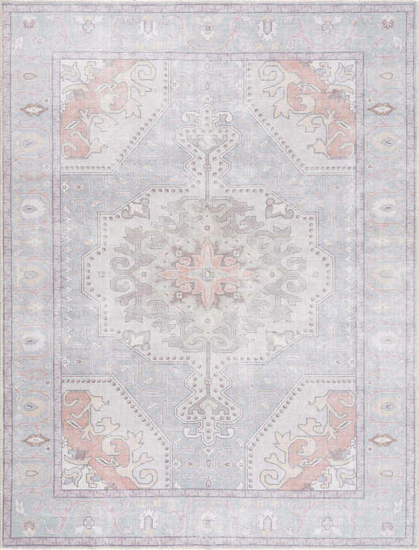 Close-up of the Pacay Area Rug. Machine-woven polyester rug in silver and silver gray with a traditional, farmhouse-style pattern. Design-Rectangle-537