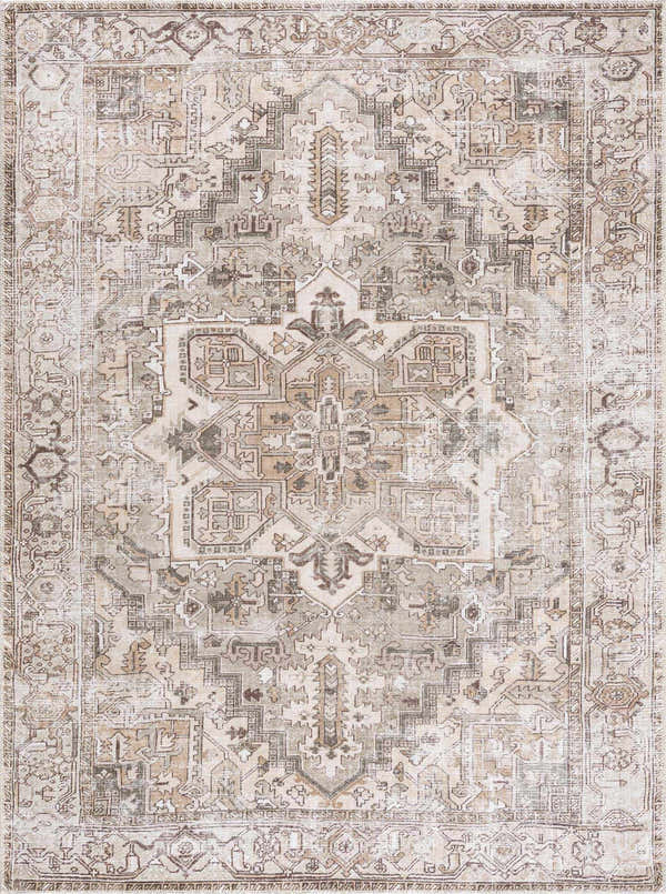 Close-up of the Nadia Area Rug. Machine woven rug with light gray and natural gray traditional pattern. Design-Rectangle-537