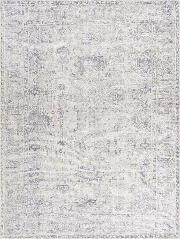 Detailed silver and gray Nyako Area Rug with a traditional, distressed pattern. Design-Rectangle-537
