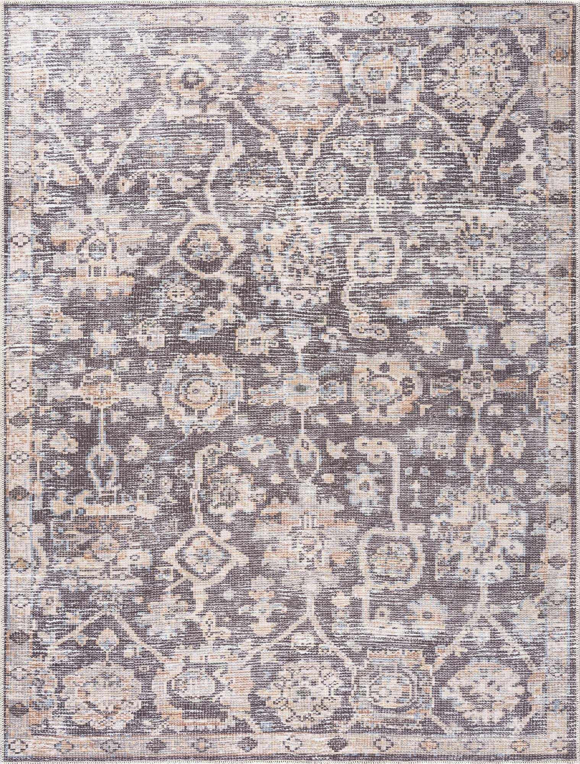 Detailed close-up of the Okoth Area Rug. Features a traditional, distressed pattern in shades of brown, beige, and blue. Design-Rectangle-537