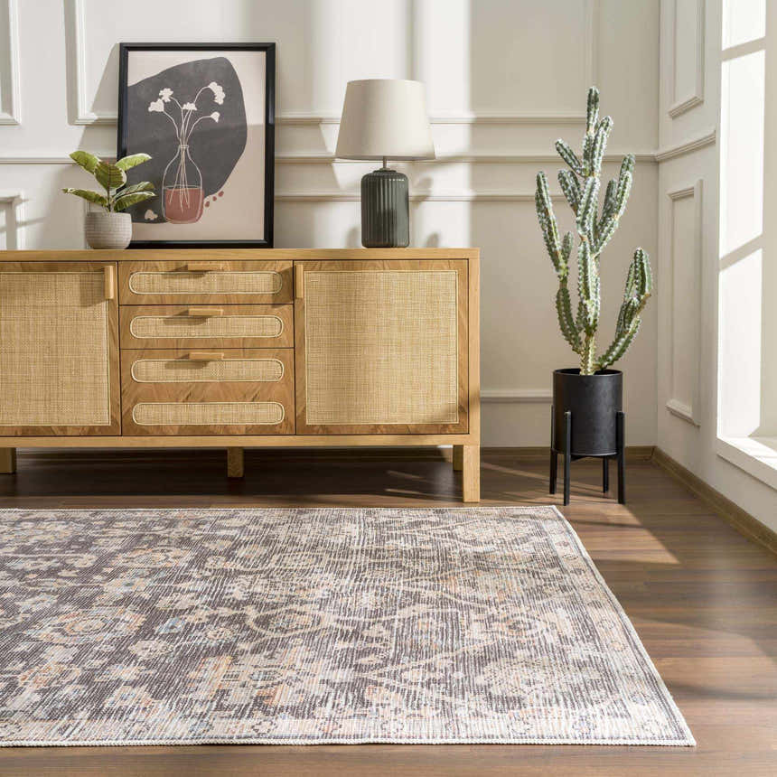 Living room scene with a farmhouse style Okoth Area Rug, wood floors, and a rattan sideboard. Roomscene-Rectangle