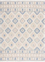 Close-up of the Eivin Pink & Blue Area Rug. Features a geometric diamond pattern in light blue, pink, and gray on a white shag texture. Design-Rectangle-46