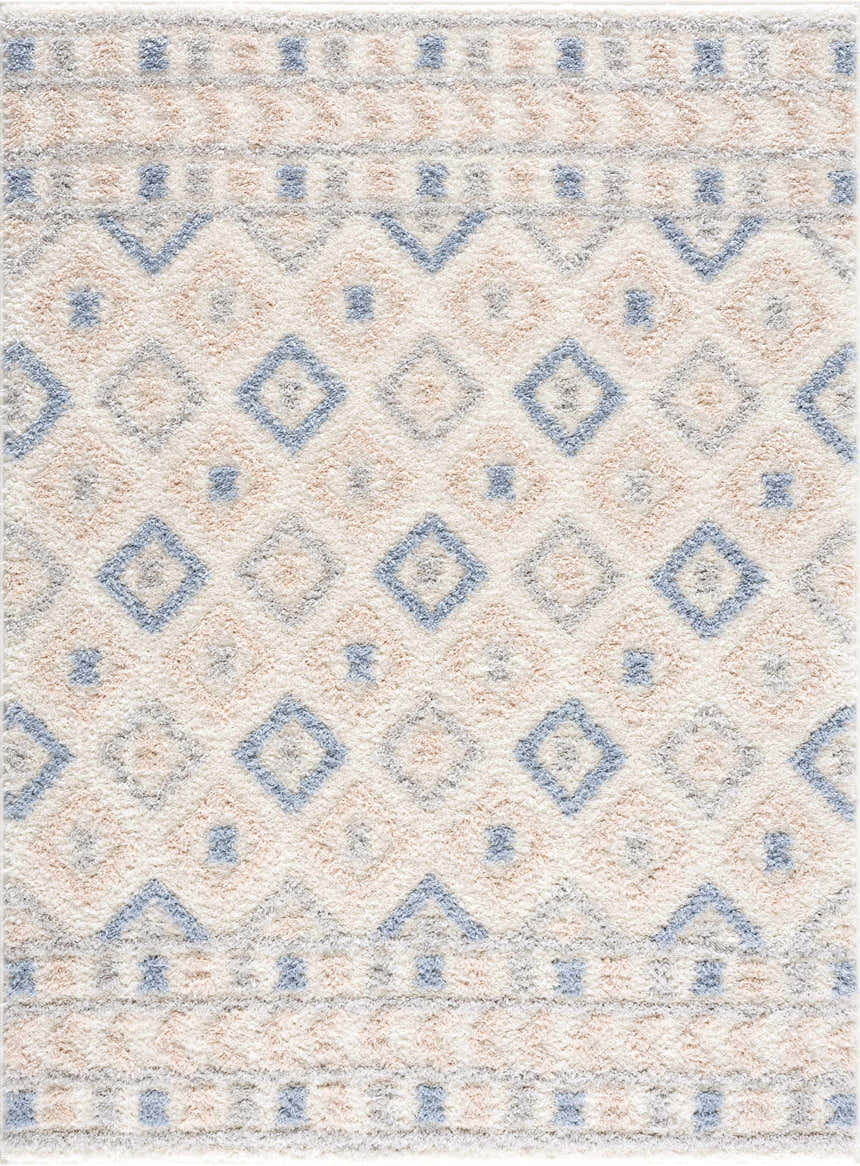 Close-up of the Eivin Pink & Blue Area Rug. Features a geometric diamond pattern in light blue, pink, and gray on a white shag texture. Design-Rectangle-46