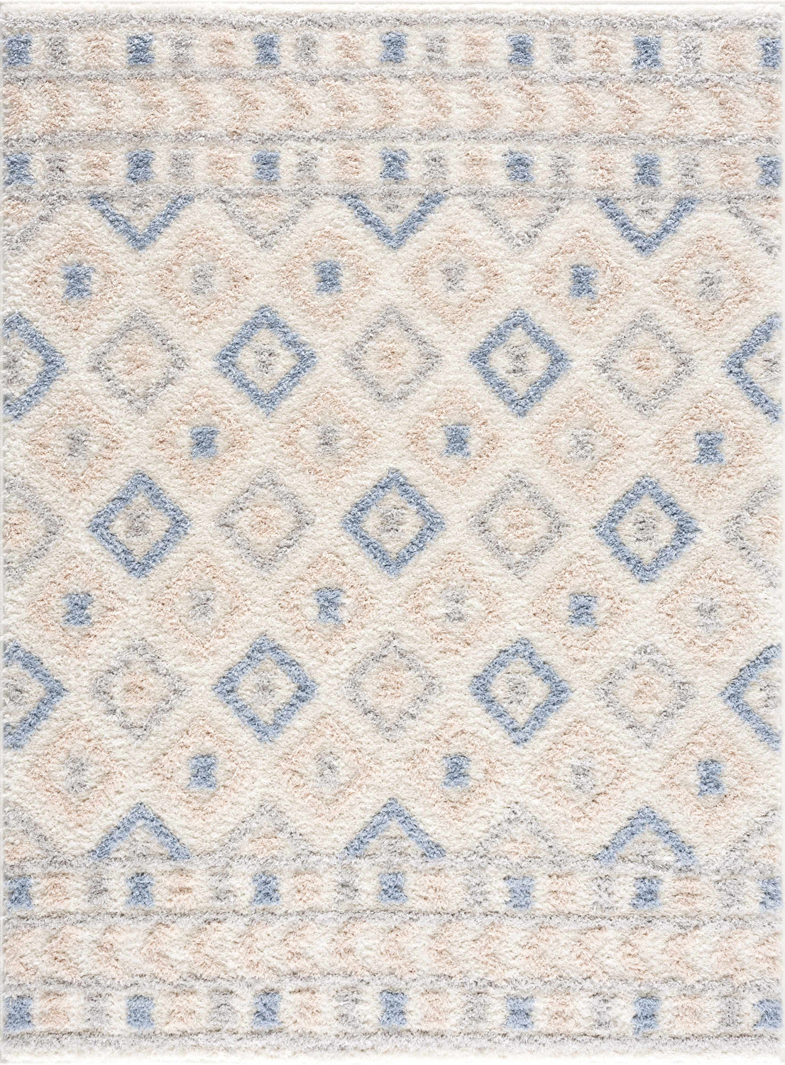 Close-up of the Eivin Pink & Blue Area Rug. Features a geometric diamond pattern in light blue, pink, and gray on a white shag texture. Design-Rectangle-46