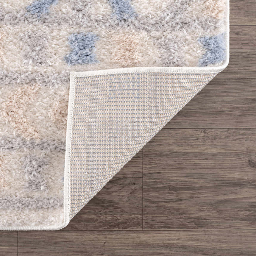 Close-up of the Eivin Pink & Blue Area Rug showing its shag texture, light blue and gray colors, and durable backing. Fold