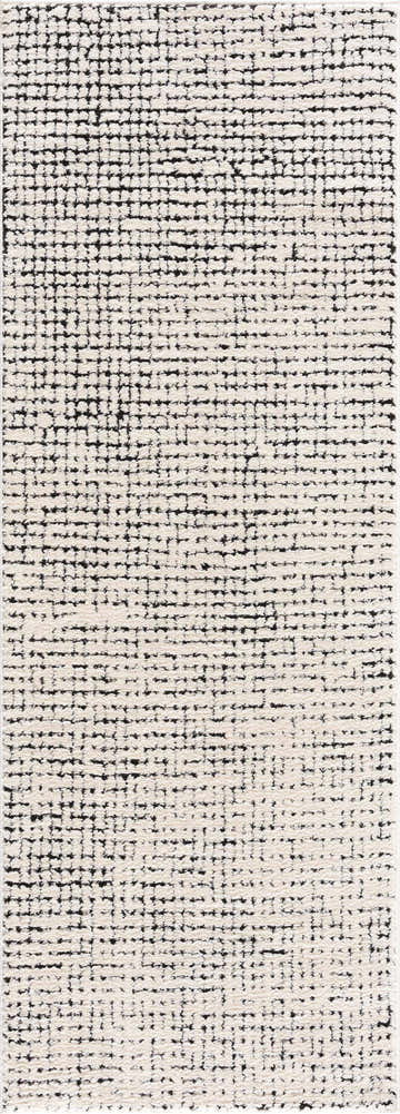 Close-up of a plush Keita Cream & Black Grid Rug. Features a geometric grid pattern in black on a beige, textured background. Design-Runner-2773