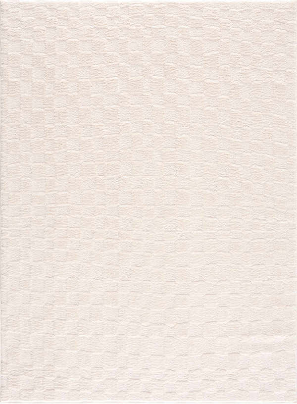 Close-up of the Keesa Checkered Area Rug. The rug has an ivory and off-white checkerboard pattern and a textured look. Design-Rectangle-537
