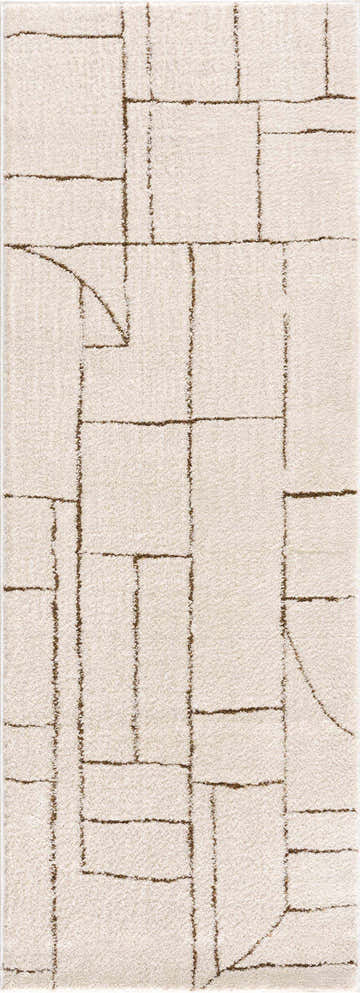 Close-up of Keats Area Rug featuring a beige pile with a brown geometric pattern. Contemporary style. Design-Runner-2773