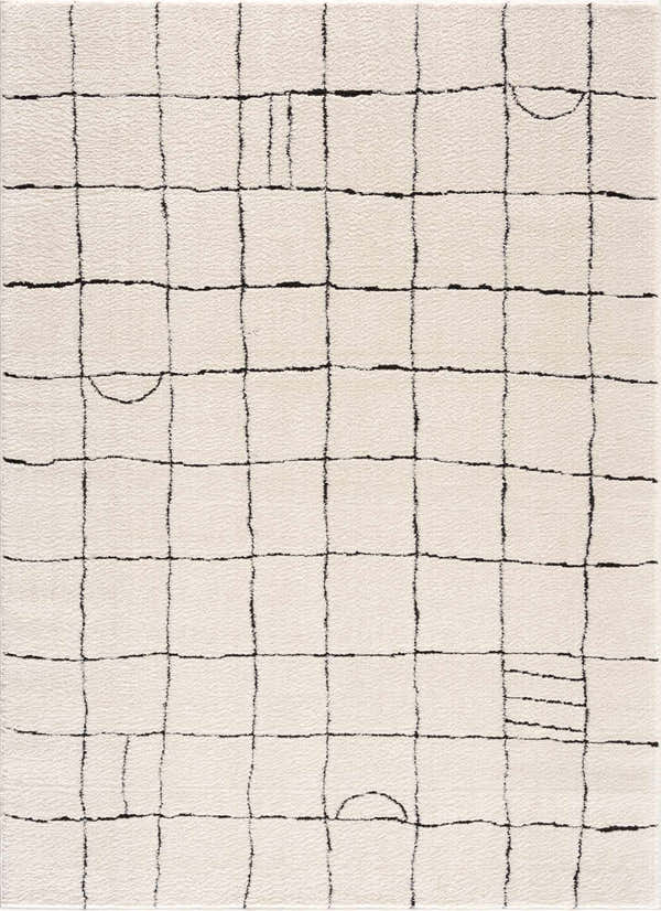 Close-up of the Keanu Black & White Area Rug. Beige rug with a black geometric grid pattern. Contemporary style. Design-Rectangle