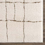Close-up of the plush Keanu Area Rug. Beige rug with a brown geometric grid pattern and soft, textured pile. Swatch