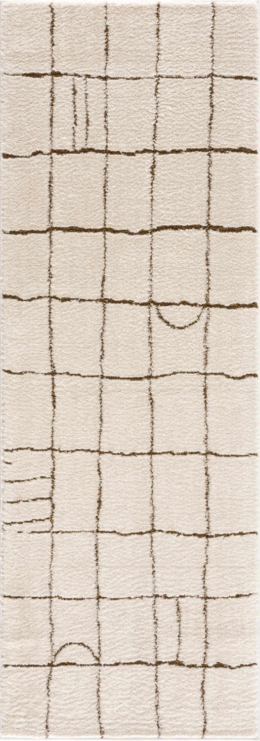 Close-up of the Keanu Area Rug, a beige polyester rug with a brown geometric grid pattern. Contemporary style. Design-Runner-2773