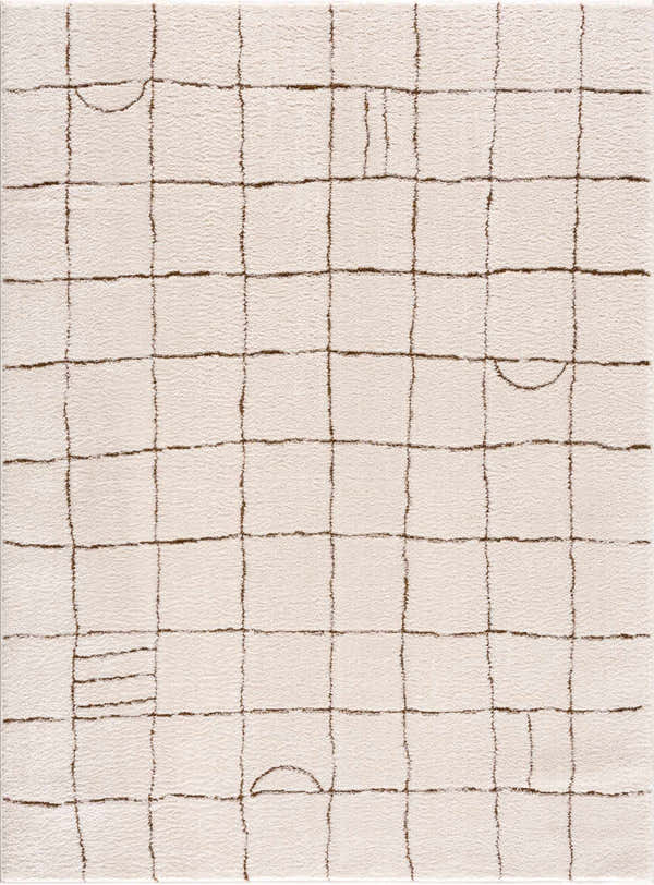 Close-up of the Keanu Area Rug. Beige rug with a brown geometric grid pattern and soft, textured pile. Design-Rectangle-537
