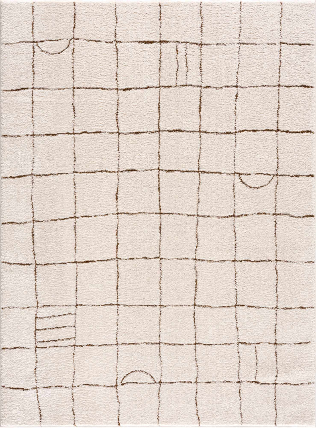 Close-up of the Keanu Area Rug. Beige rug with a brown geometric grid pattern and soft, textured pile. Design-Rectangle-537