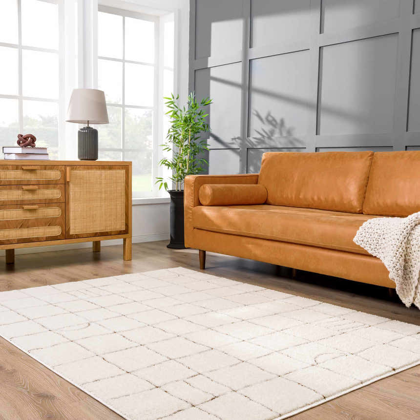 Living room scene with a beige geometric Keanu Area Rug, tan leather sofa, and wood cabinet. Roomscene-Rectangle