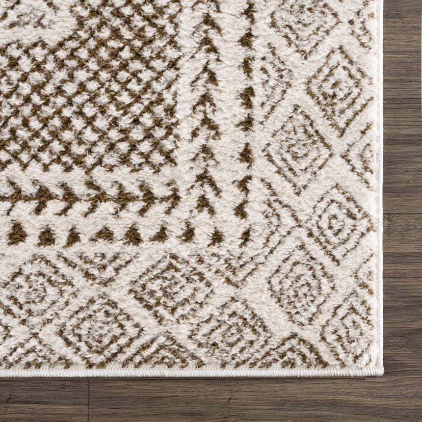 Close-up of the Julio Scandi Boho Area Rug in brown, beige, and ivory with a geometric pattern and soft, textured pile. Swatch