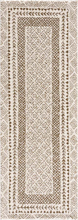 Close-up of the Julio Scandi Boho Area Rug. Brown geometric patterns on a beige, machine woven pile. Design-Runner-2773