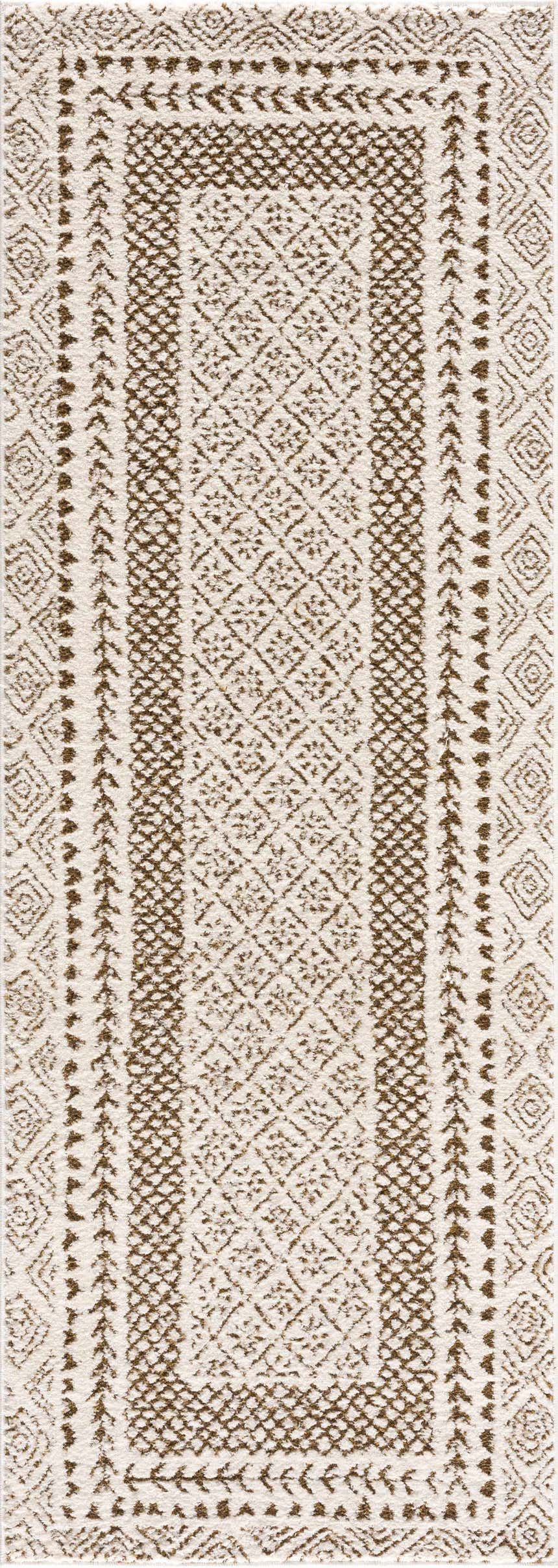 Close-up of the Julio Scandi Boho Area Rug. Brown geometric patterns on a beige, machine woven pile. Design-Runner-2773