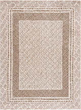 Close-up of Julio Scandi Boho Area Rug. Brown and beige diamond pattern with textured, machine-woven construction. Design-Rectangle-537