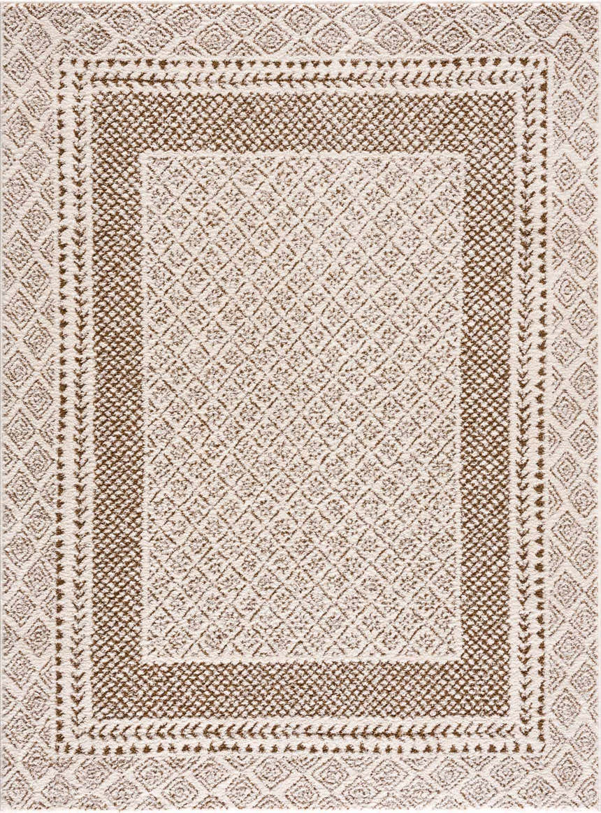 Close-up of Julio Scandi Boho Area Rug. Brown and beige diamond pattern with textured, machine-woven construction. Design-Rectangle-537