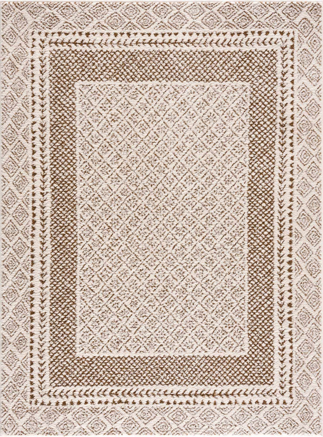 Close-up of Julio Scandi Boho Area Rug. Brown and beige diamond pattern with textured, machine-woven construction. Design-Rectangle-537
