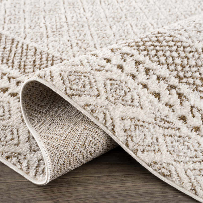 Close-up of the Julio Scandi Boho Area Rug. Beige and brown geometric pattern, soft texture, machine woven. Fold