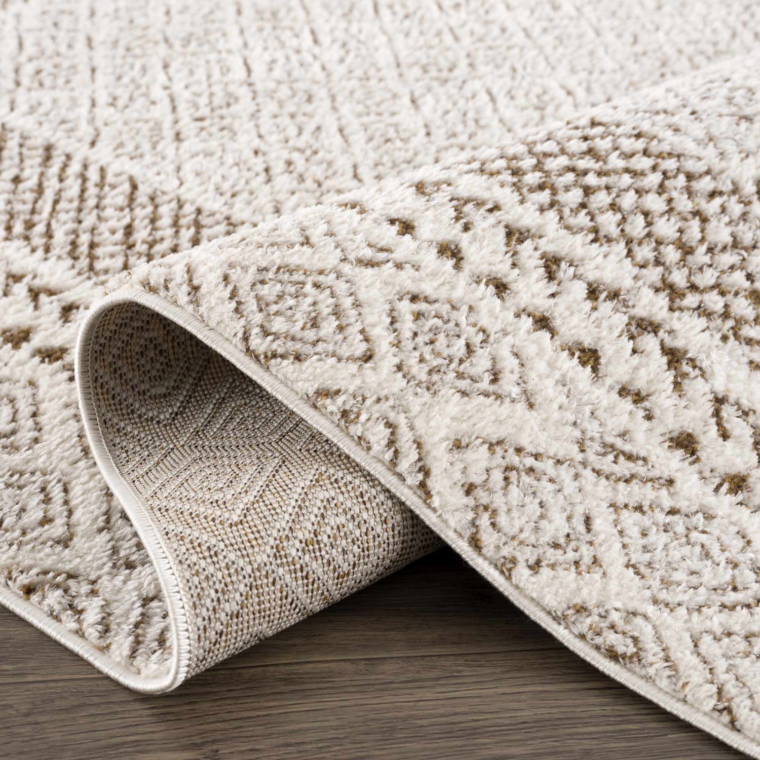 Close-up of the Julio Scandi Boho Area Rug. Beige and brown geometric pattern, soft texture, machine woven. Fold