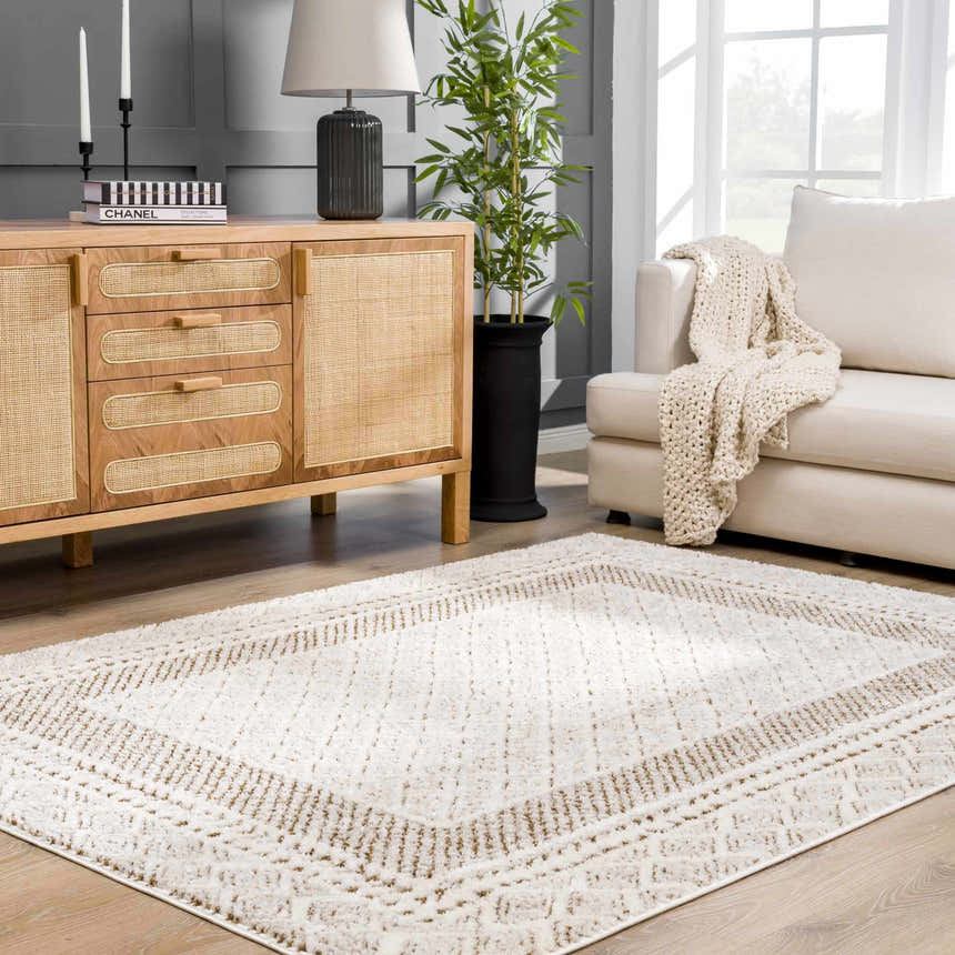 Living room with a beige sofa and the beige and brown Julio Scandi Boho Area Rug. Roomscene-Rectangle