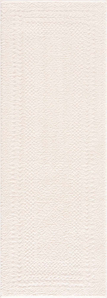 Close-up of the ivory Julio Area Rug. The rug has a subtle, textured pattern. Perfect for a neutral, Scandinavian style. Design-Runner-2773