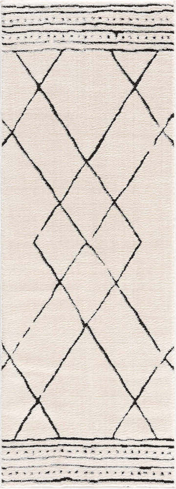 Close-up of the Keone Black & White rug. Features a geometric diamond pattern on a soft, textured beige background. Design-Runner-2773