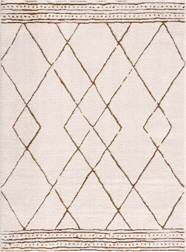Close-up of the Keone Area Rug showcasing its beige, ivory, and brown diamond pattern and textured, machine-woven construction. Design-Rectangle-537