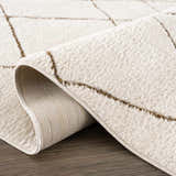 Close up of the ivory Keone Area Rug showing its plush texture and brown geometric diamond pattern. Fold