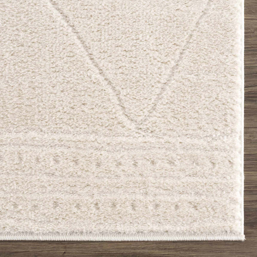 Close up of the ivory Keone area rug showing its plush texture and geometric design. Swatch