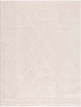 Close-up of the Keone Ivory Area Rug. Beige polyester rug with diamond pattern and textured border. Design-Rectangle-537