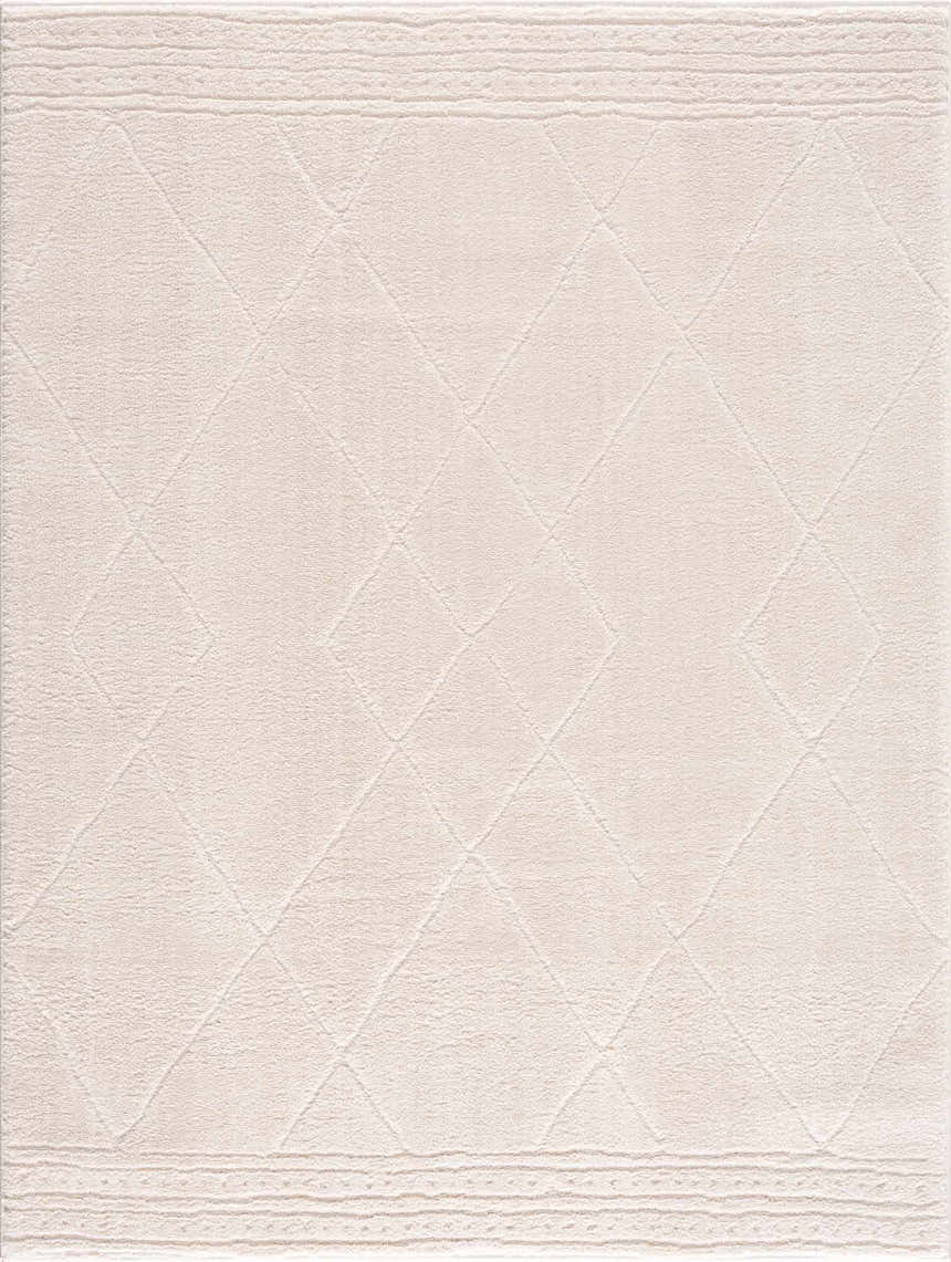Close-up of the Keone Ivory Area Rug. Beige polyester rug with diamond pattern and textured border. Design-Rectangle-537
