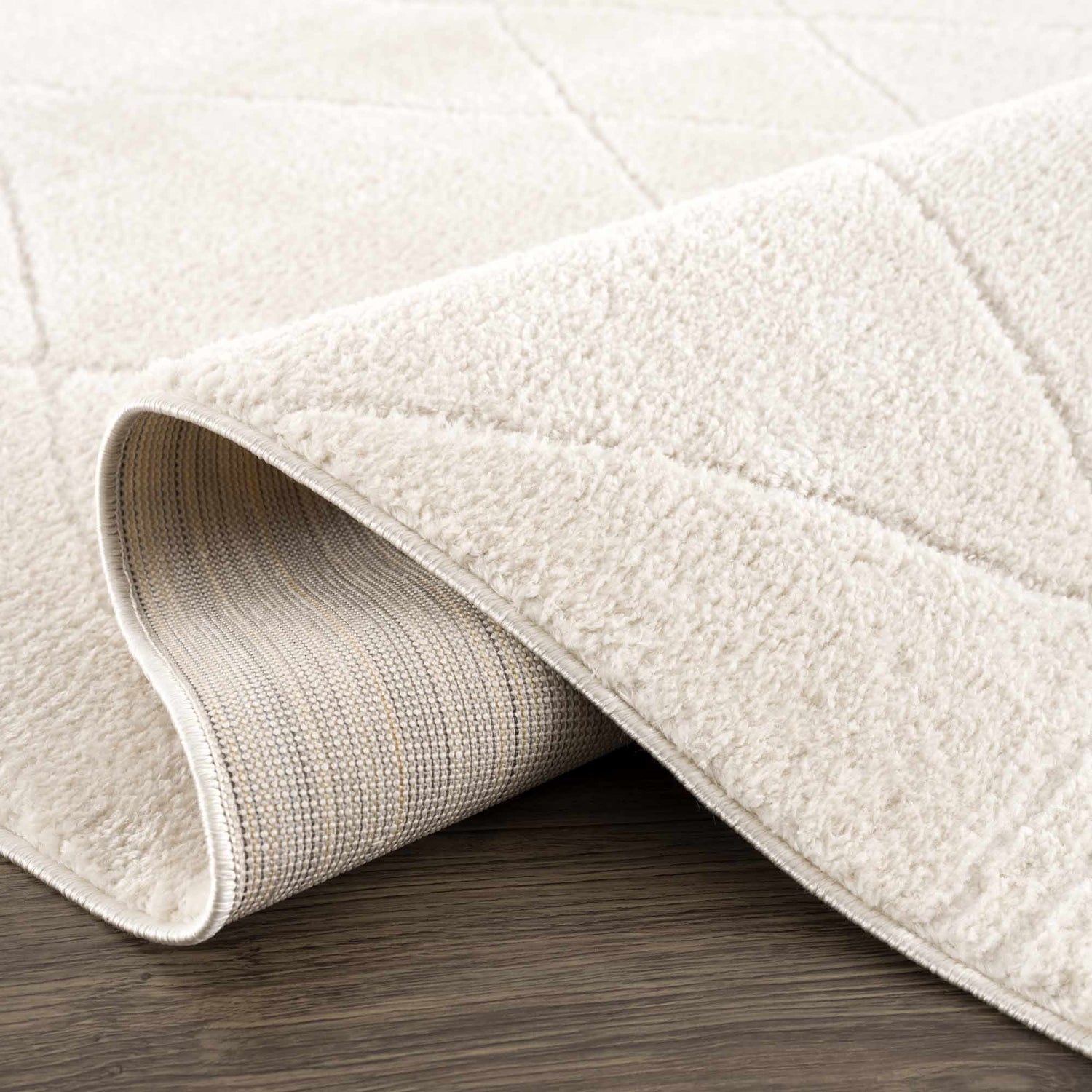 Close-up of the Keone Ivory Area Rug showing its plush texture, geometric pattern, and woven backing. Fold