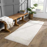 Hallway scene with a Keone Ivory Area Rug, wood bench with blanket, and potted plant by the window. Roomscene-Runner