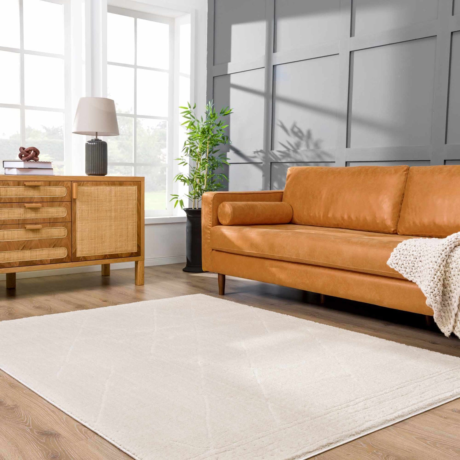 Living room with a tan leather sofa and ivory Keone Ivory Area Rug on wood floor. Roomscene-Rectangle