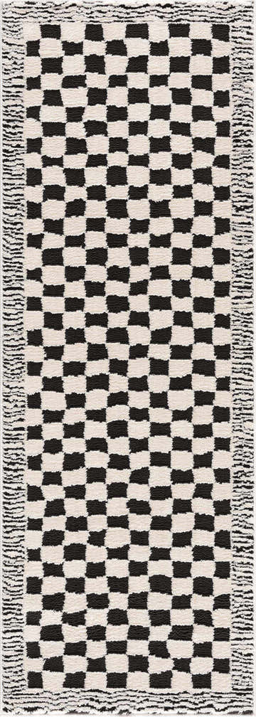 Close-up of the Leryn Black & White Checkered Area Rug, a geometric design with black and ivory squares and textured border. Design-Runner-2773