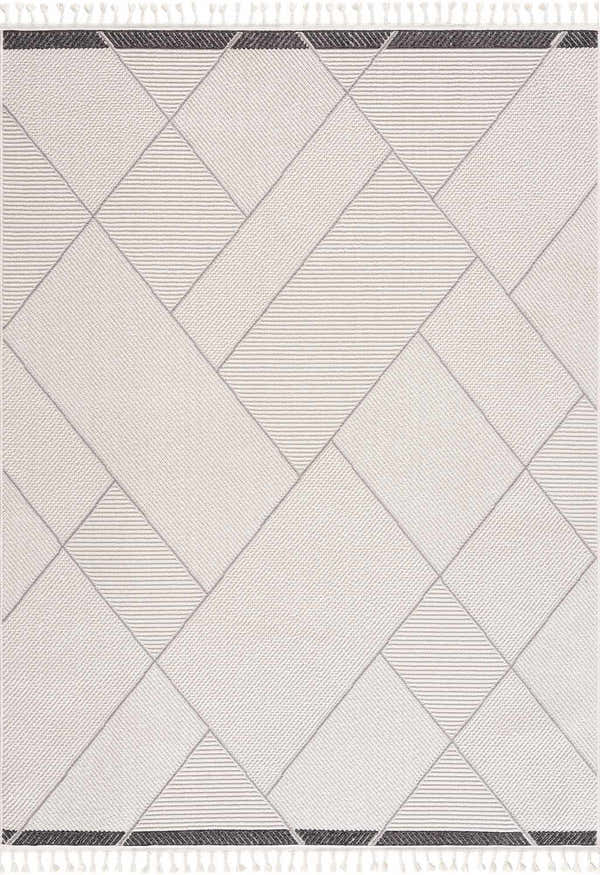 Close-up of the Tale Area Rug, a geometric design in beige, bone, and charcoal with subtle stripes and fringe detail. Design-Rectangle-537