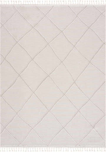 Close-up of the Lova Area Rug; beige and gray geometric diamond pattern with tassels, farmhouse style. Design-Rectangle-537