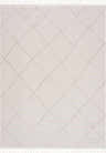 Close-up of the Lova Area Rug; beige and gray geometric diamond pattern with tassels, farmhouse style. Design-Rectangle-537