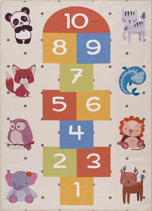 Lundy Kids Hopscotch Rug with colorful number blocks and cute animal illustrations on a light beige background. Design-Rectangle-46