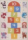 Lundy Kids Hopscotch Rug with colorful number blocks and cute animal illustrations on a light beige background. Design-Rectangle-46