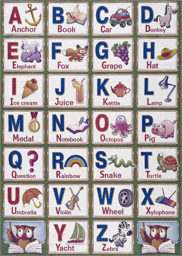 Close-up of the Osric Colorful Alphabet Washable Kids Rug, featuring letters A-Z with corresponding animal and object illustrations. Design-Rectangle-46